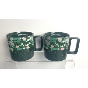 Set of 2 - Starbucks 2022 Holiday Venetian Marble Forest Green Pink Mug 12oz